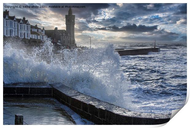 Porthleven storm  Cornwall Clock tower Print by kathy white