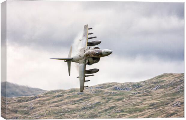 RAF Harrier entering a low flying area. Canvas Print by Rory Trappe