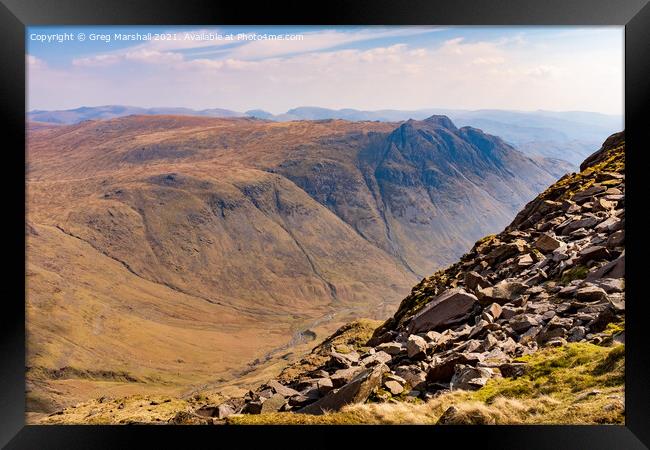 Langdale Pikes looking across Great Slab near Bowfell Lake District Framed Print by Greg Marshall