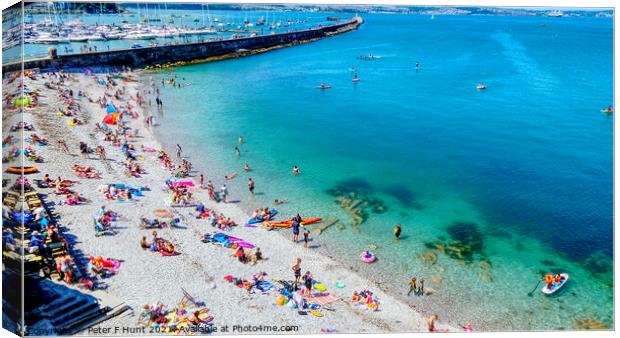 Brixham Beach And Breakwater Canvas Print by Peter F Hunt