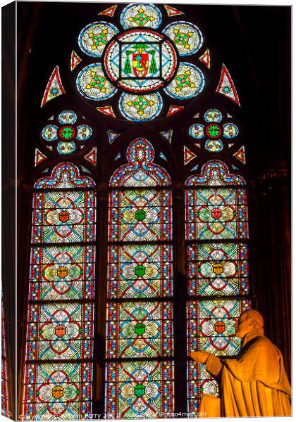 Priest Statue Stained Glass Notre Dame Cathedral Paris France Canvas Print by William Perry