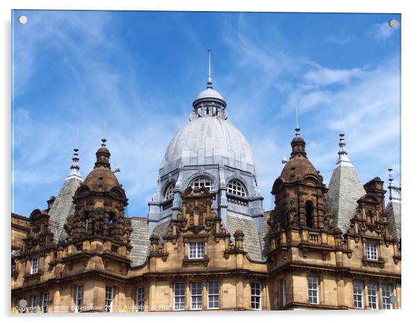 ornate stone towers and domes on the roof of leeds city market a historical building in west yorkshire england Acrylic by Philip Openshaw