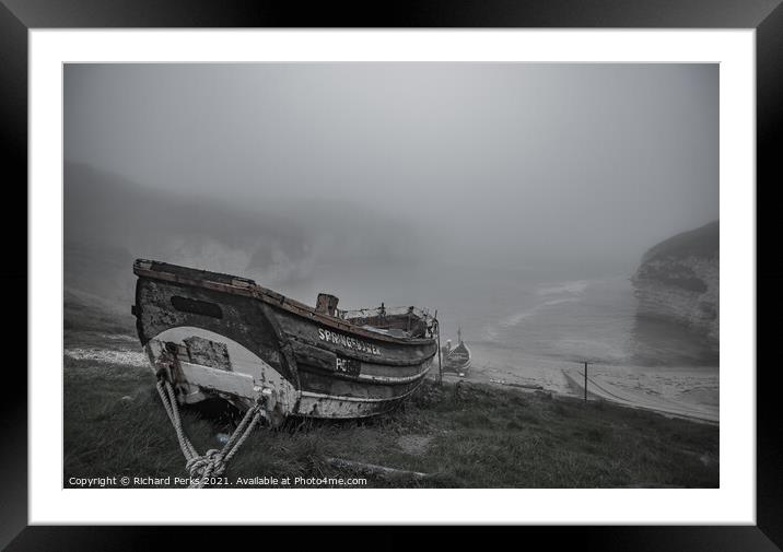 A foggy Flamborough North Landing Framed Mounted Print by Richard Perks