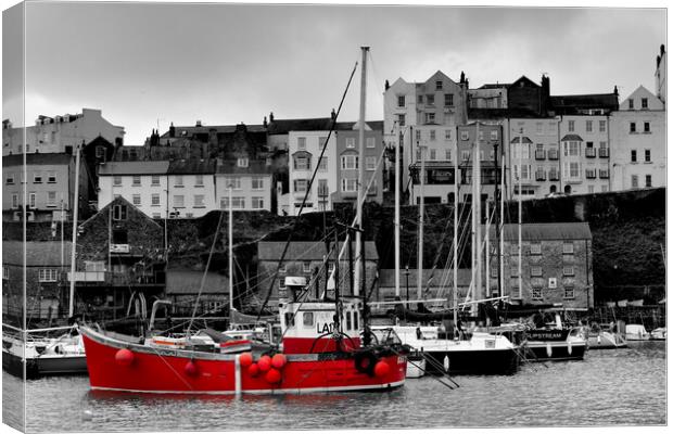 Tenby Harbour Red Boat BW Red Canvas Print by Jeremy Hayden