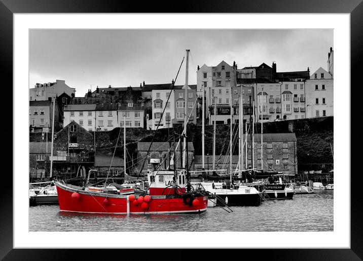 Tenby Harbour Red Boat BW Red Framed Mounted Print by Jeremy Hayden