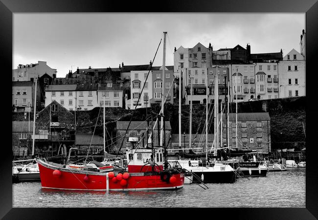 Tenby Harbour Red Boat BW Red Framed Print by Jeremy Hayden
