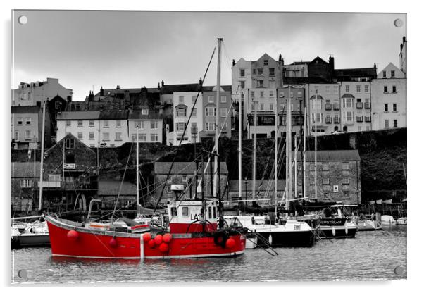 Tenby Harbour Red Boat BW Red Acrylic by Jeremy Hayden