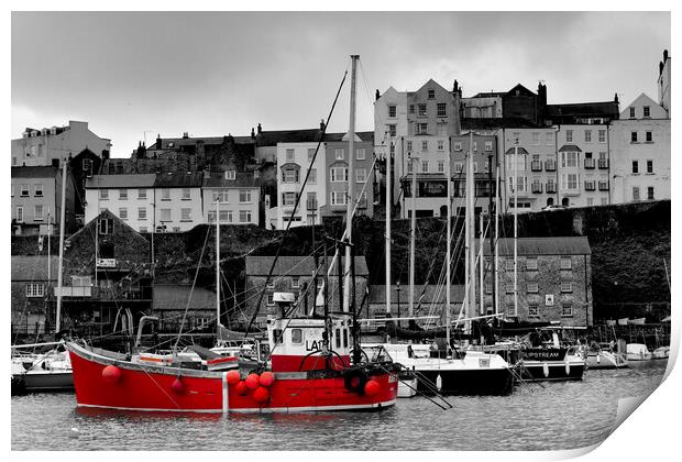 Tenby Harbour Red Boat BW Red Print by Jeremy Hayden