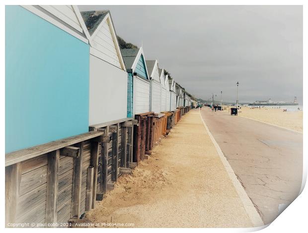 Vibrant Beach Huts on Bournemouths Summertime Shor Print by paul cobb