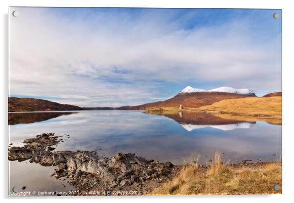 Loch Assynt Reflections in Winter NC500 Scotland. Acrylic by Barbara Jones