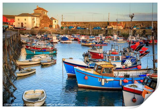 Mevagissey harbour, Cornwall at sunset Print by Chris Warham