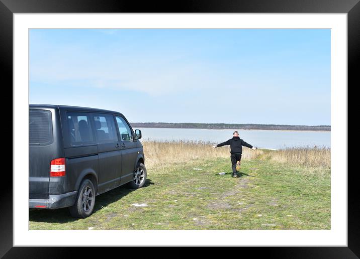 Car and running boy to the lake Framed Mounted Print by Stan Lihai