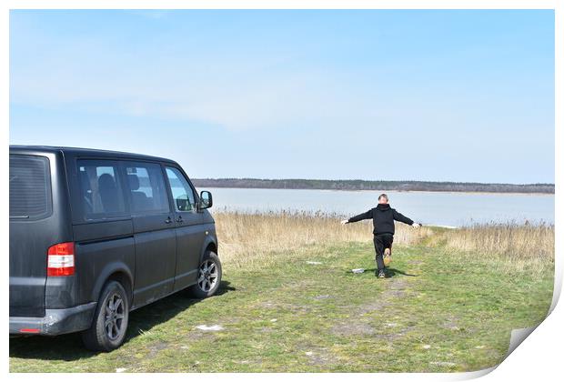 Car and running boy to the lake Print by Stan Lihai