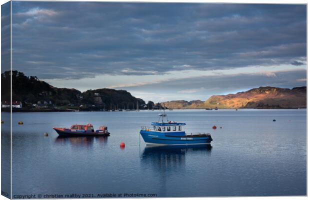 Boats  in Oban harbour sunrise Scotland Canvas Print by christian maltby