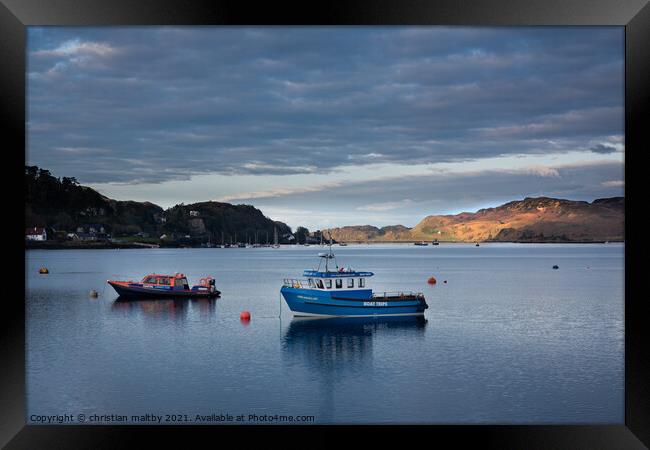 Boats  in Oban harbour sunrise Scotland Framed Print by christian maltby