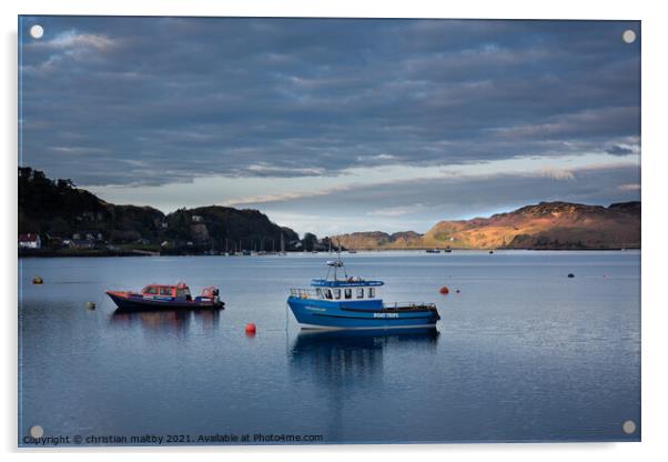 Boats  in Oban harbour sunrise Scotland Acrylic by christian maltby