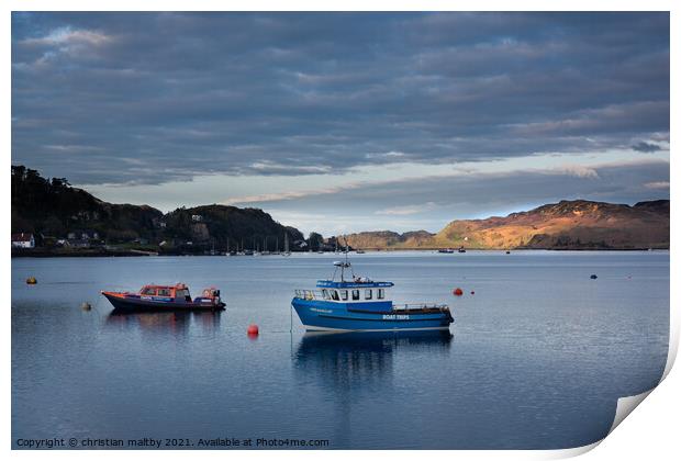 Boats  in Oban harbour sunrise Scotland Print by christian maltby