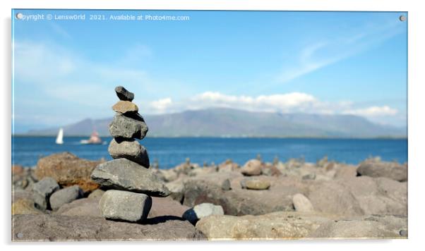 Stacked stones at the coastline of Reykjavik, Iceland Acrylic by Lensw0rld 