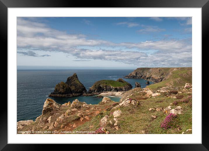 Kynance cove Cornwall with heather Framed Mounted Print by kathy white