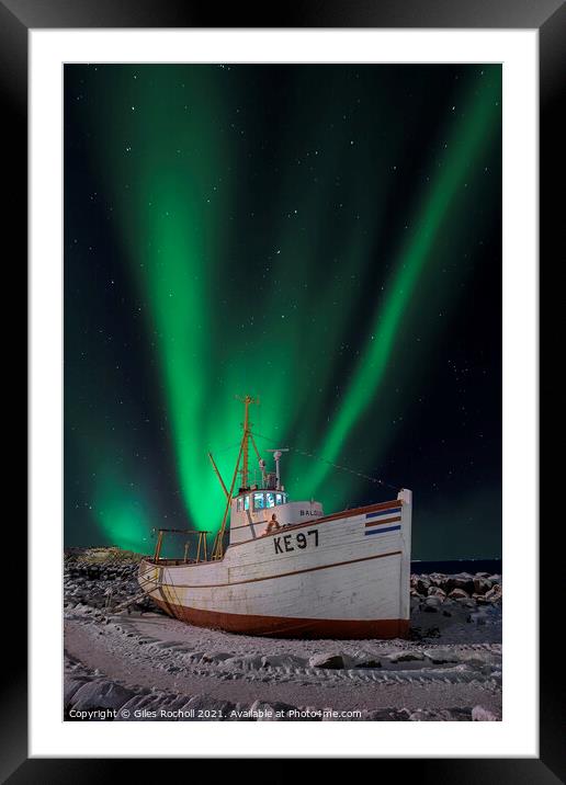 Northern lights over fishing boat Framed Mounted Print by Giles Rocholl