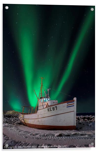 Northern lights over fishing boat Acrylic by Giles Rocholl