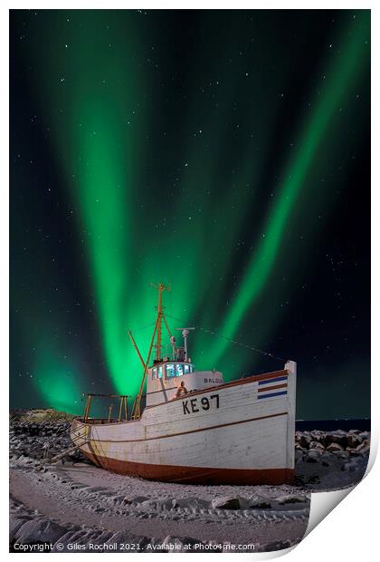 Northern lights over fishing boat Print by Giles Rocholl