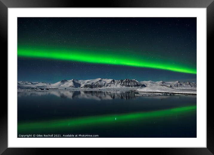 Northern lights over Iceland mountain and lagoon Framed Mounted Print by Giles Rocholl