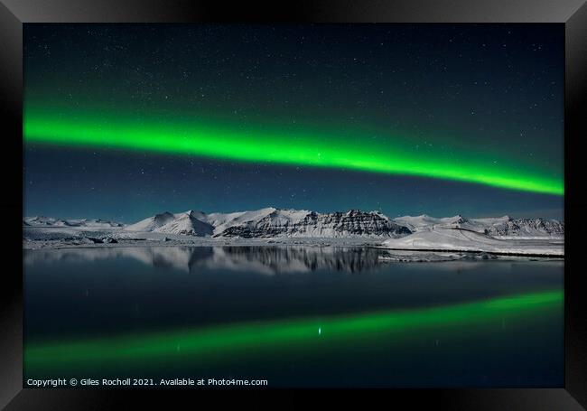 Northern lights over Iceland mountain and lagoon Framed Print by Giles Rocholl