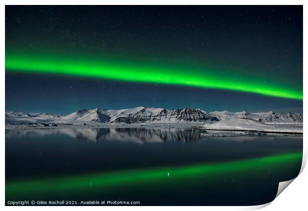 Northern lights over Iceland mountain and lagoon Print by Giles Rocholl