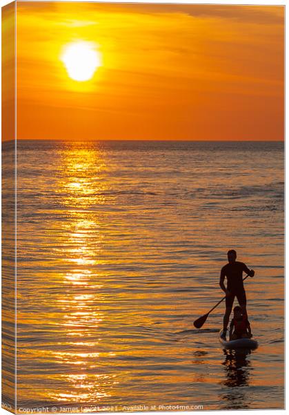 Paddle Board And Passenger At Sunset Canvas Print by James Lavott