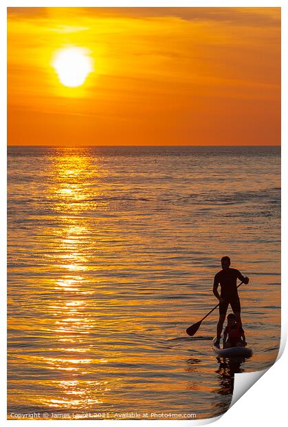 Paddle Board And Passenger At Sunset Print by James Lavott