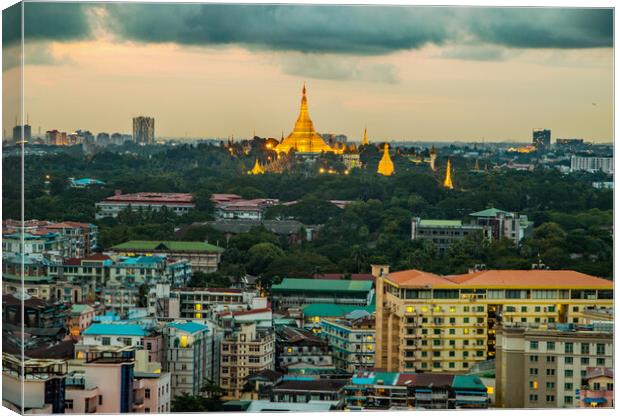 View from a rooftop bar of the Sakura Tower in Yangon Myanmar to the Shwedagon Pagoda Canvas Print by Wilfried Strang