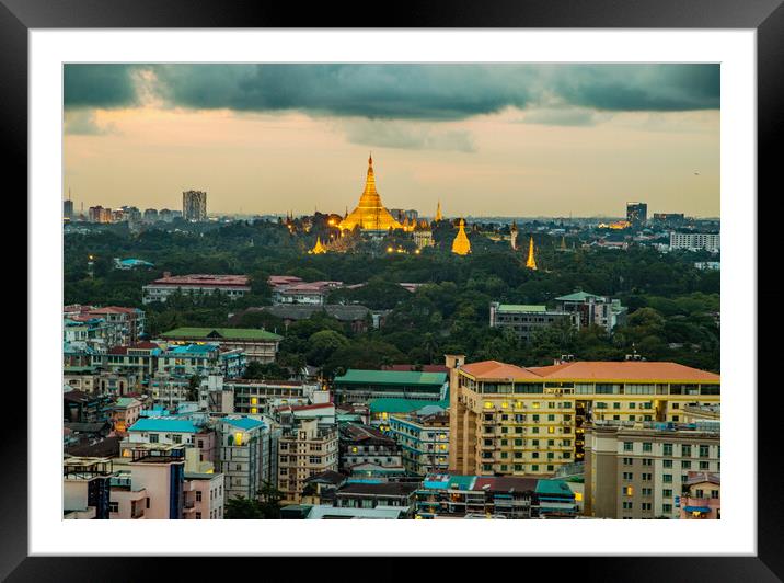 View from a rooftop bar of the Sakura Tower in Yangon Myanmar to the Shwedagon Pagoda Framed Mounted Print by Wilfried Strang