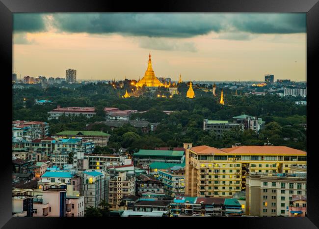 View from a rooftop bar of the Sakura Tower in Yangon Myanmar to the Shwedagon Pagoda Framed Print by Wilfried Strang