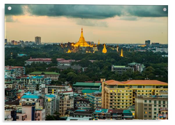 View from a rooftop bar of the Sakura Tower in Yangon Myanmar to the Shwedagon Pagoda Acrylic by Wilfried Strang