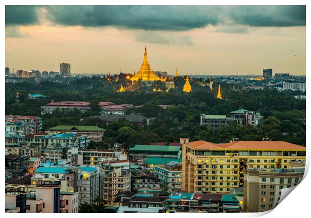 View from a rooftop bar of the Sakura Tower in Yangon Myanmar to the Shwedagon Pagoda Print by Wilfried Strang