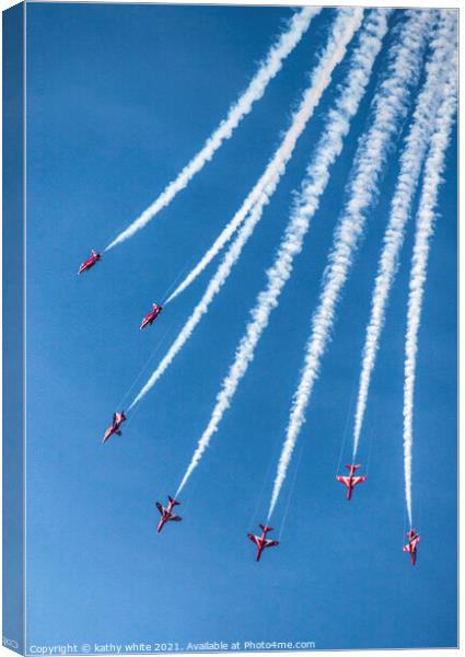 Red arrows in a cornish sky,smoke trails,  Canvas Print by kathy white