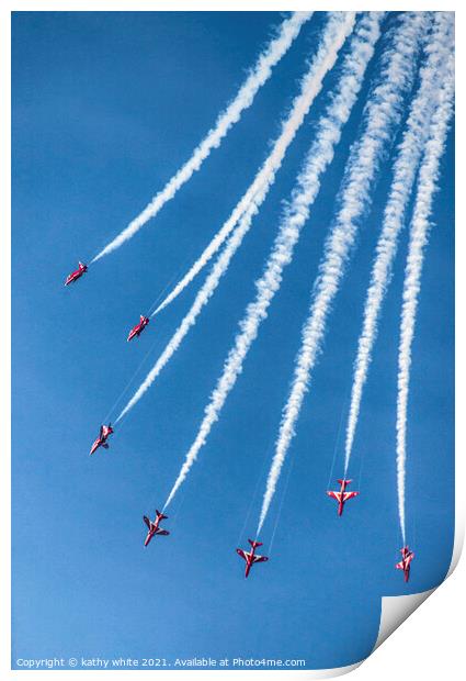 Red arrows in a cornish sky,smoke trails,  Print by kathy white