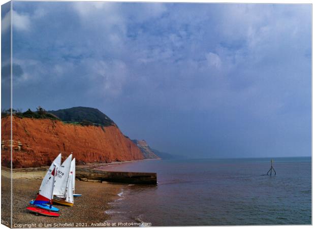Sidmouth  Red Cliffs and Boats Canvas Print by Les Schofield
