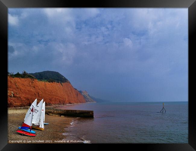 Sidmouth  Red Cliffs and Boats Framed Print by Les Schofield