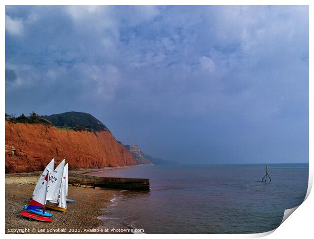 Sidmouth  Red Cliffs and Boats Print by Les Schofield