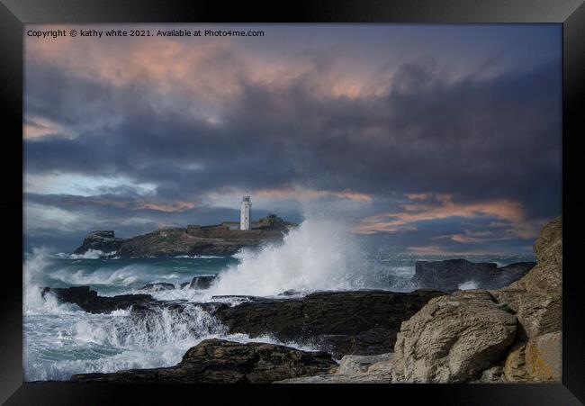 Storm approaching Godrevy  lighthouse Framed Print by kathy white