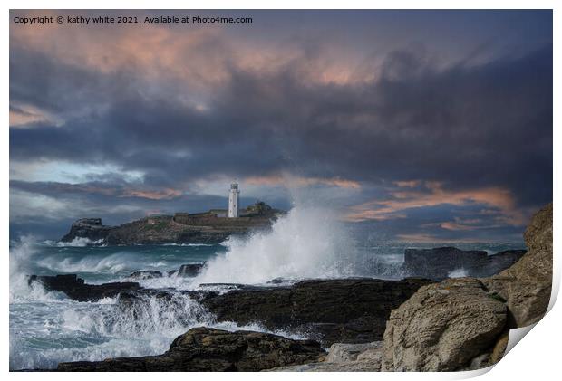 Storm approaching Godrevy  lighthouse Print by kathy white