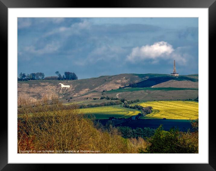 Majestic White Horse and Ancient Monument Framed Mounted Print by Les Schofield