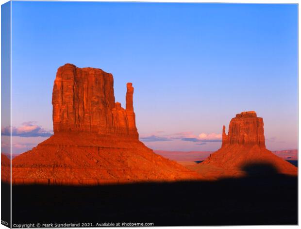 The Mittens at Sunset Monument Valley Canvas Print by Mark Sunderland