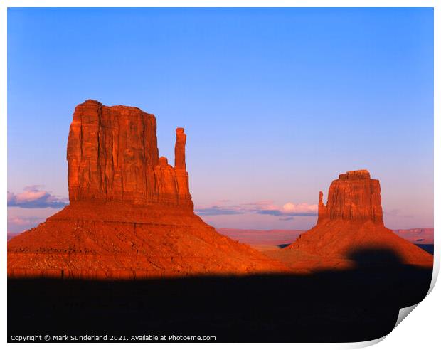 The Mittens at Sunset Monument Valley Print by Mark Sunderland