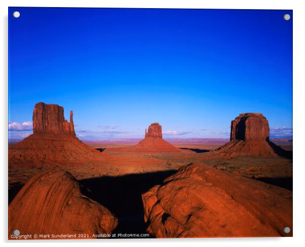 The Mittens and Merrick Butte at Sunset Monument Valley Acrylic by Mark Sunderland