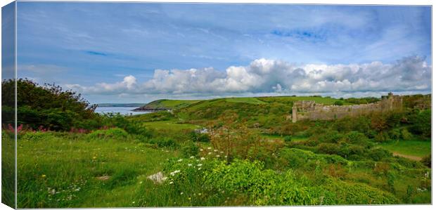Manorbier Castle Panorama Canvas Print by Tracey Turner