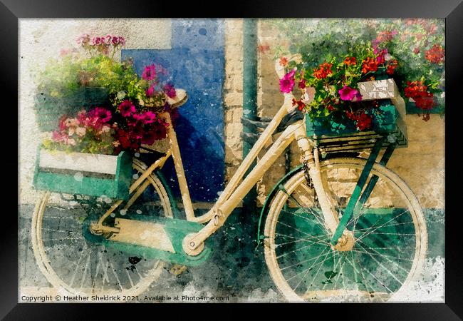 Old bicycle with flowers Framed Print by Heather Sheldrick