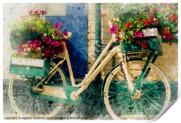 Old bicycle with flowers Print by Heather Sheldrick